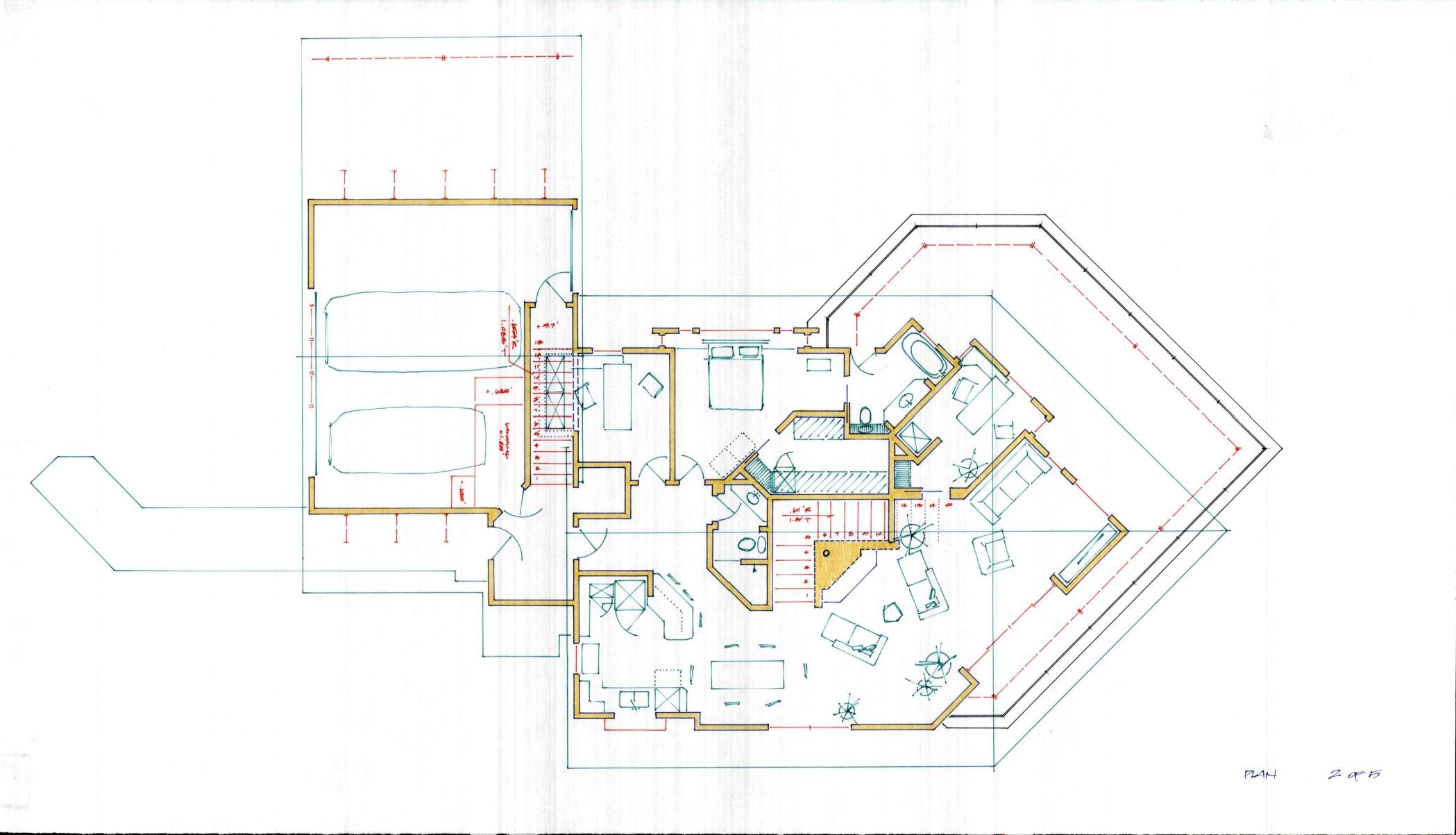 Hand-drawn architectural floor plan with annotated room layouts, a signature piece of the design process