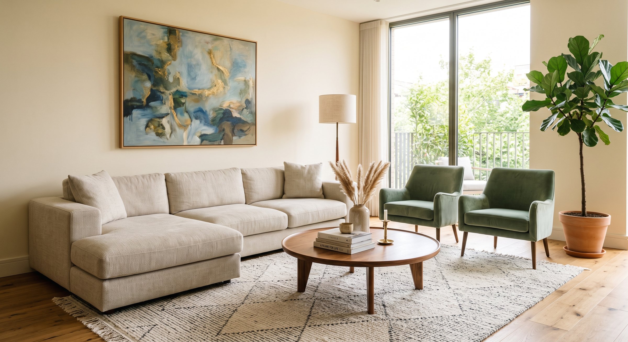 Sunlit living room with a beige sectional, sage green accent chairs, and a blue and gold abstract painting