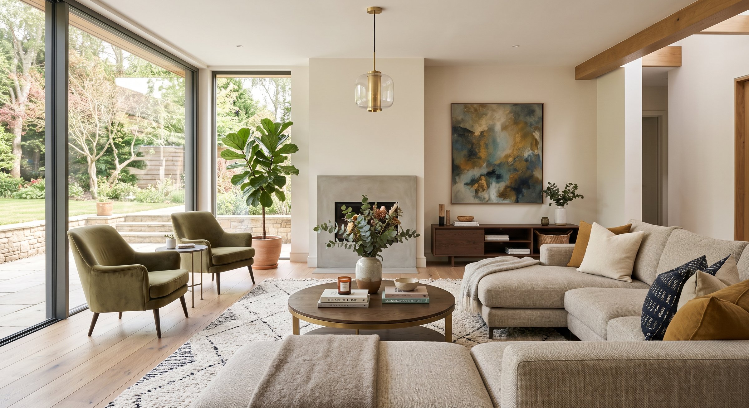 Earthy living room with a stone fireplace, olive velvet chairs, and floor-to-ceiling windows